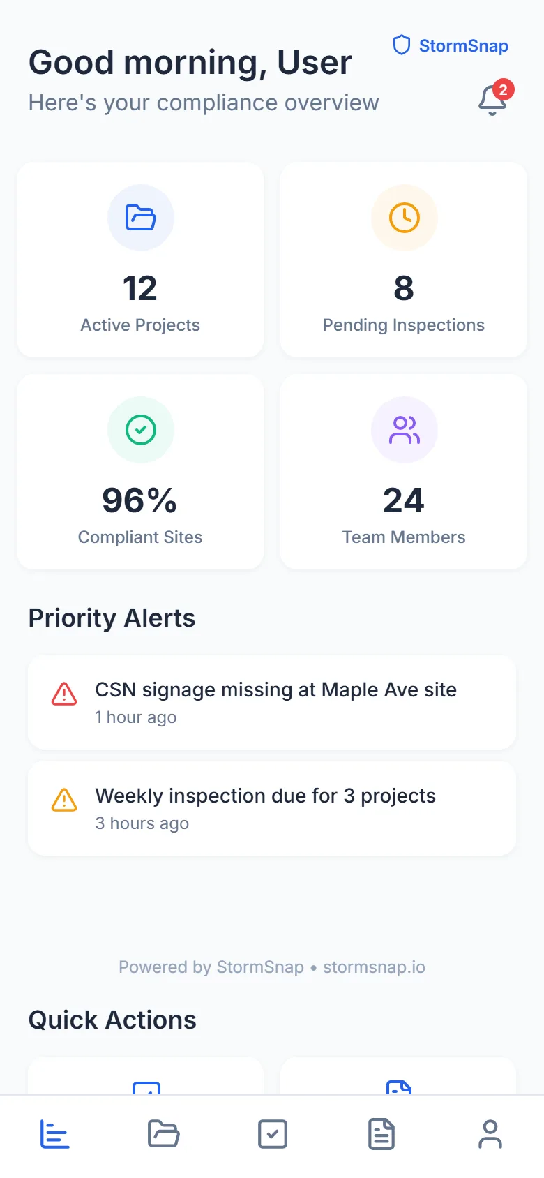 StormSnap dashboard with active projects, pending inspections and priority alerts (sample data)